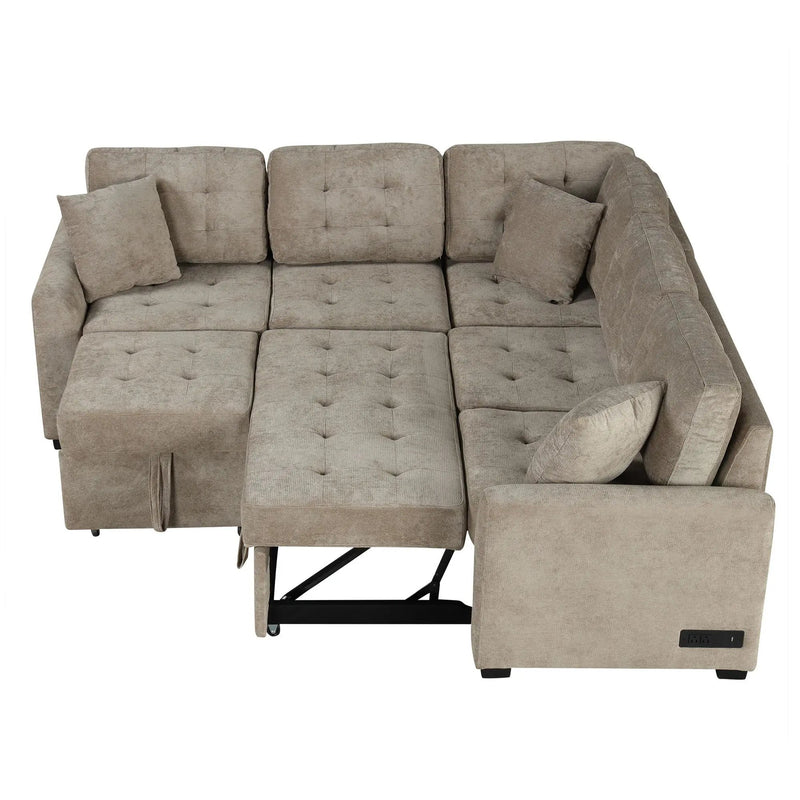 L-Shape Sofa Bed Pull-Out Sleeper Sofa With Wheels, USB Ports, Power Sockets For Living Room by HouseOfZazla