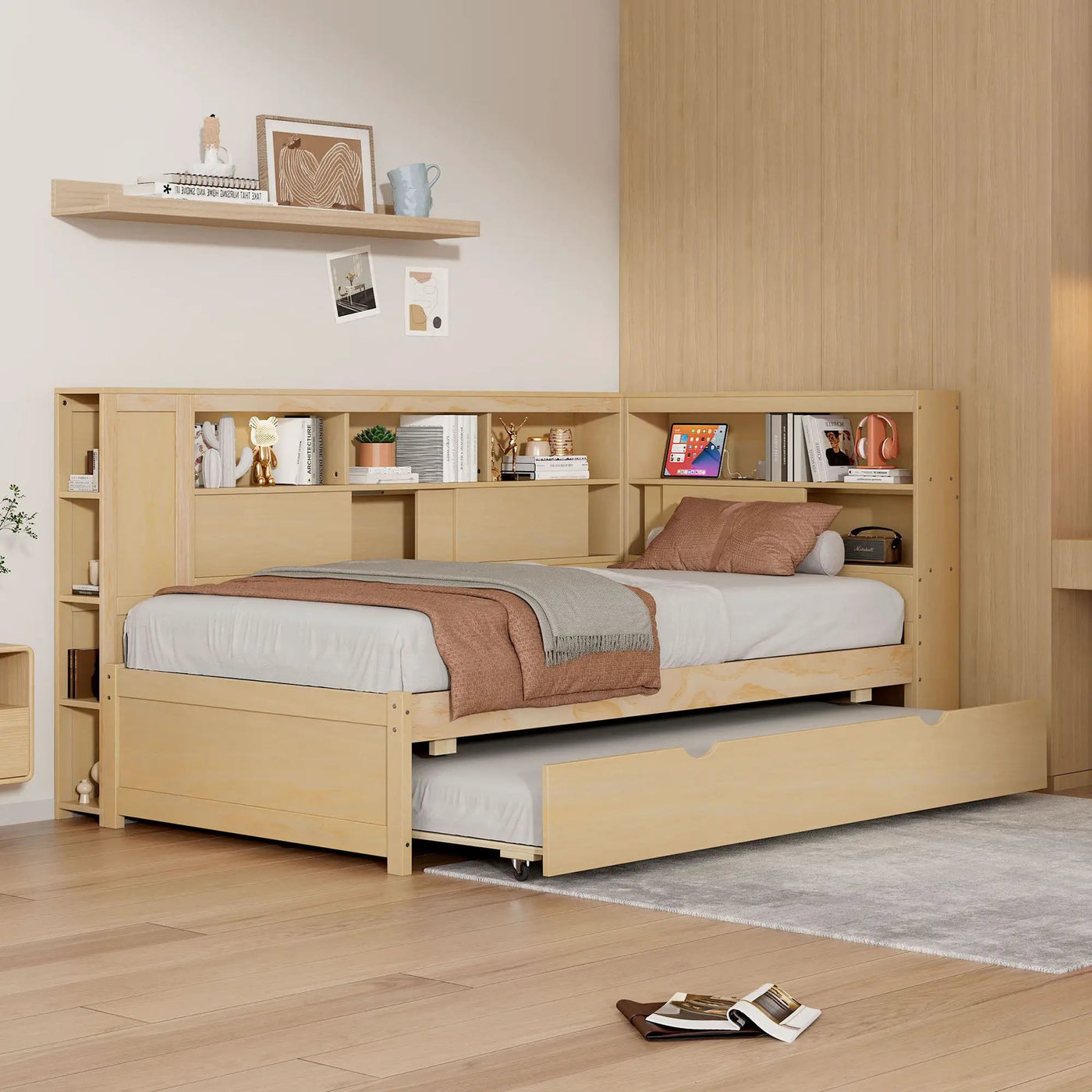 Daybed With Storage Shelves, USB Charging, And Trundle Bed by Unique Piece Furniture
