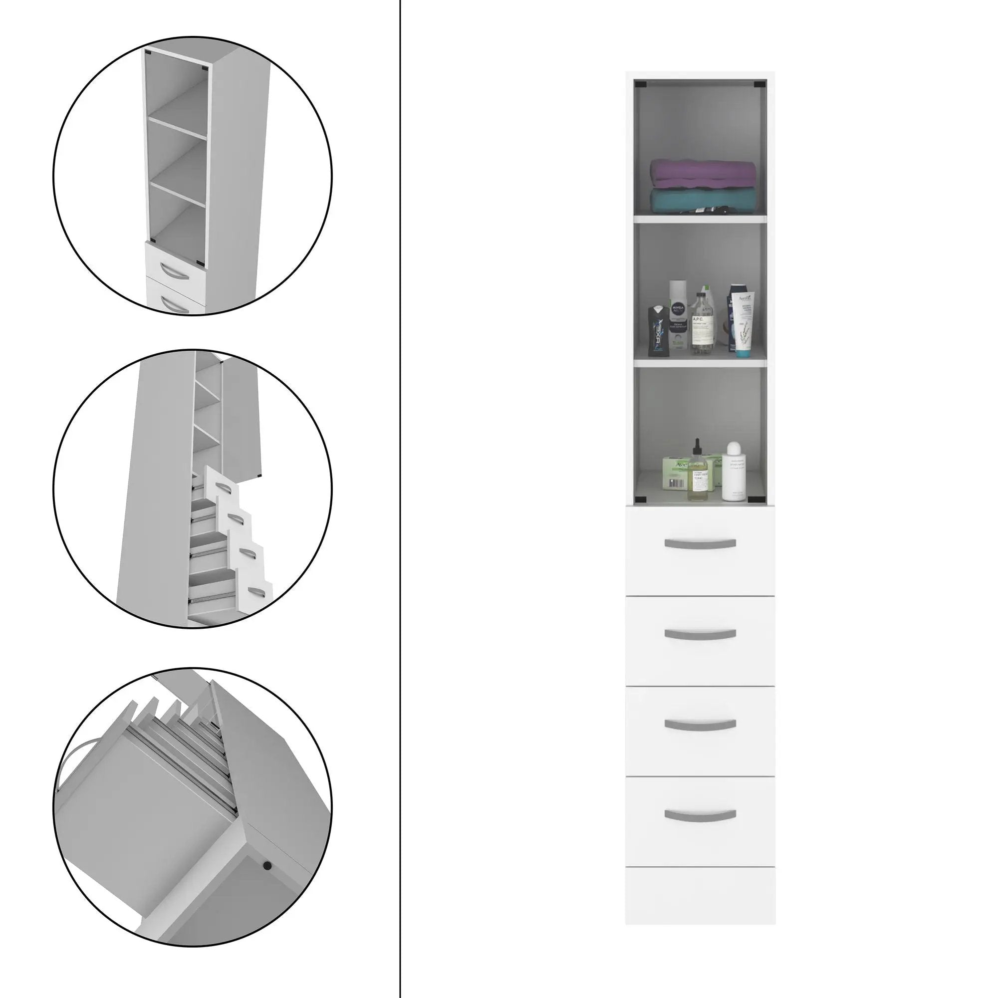Linen Cabinet, 3 Shelves, 4 Drawers And Metal Handles - White by Unique Piece Furniture