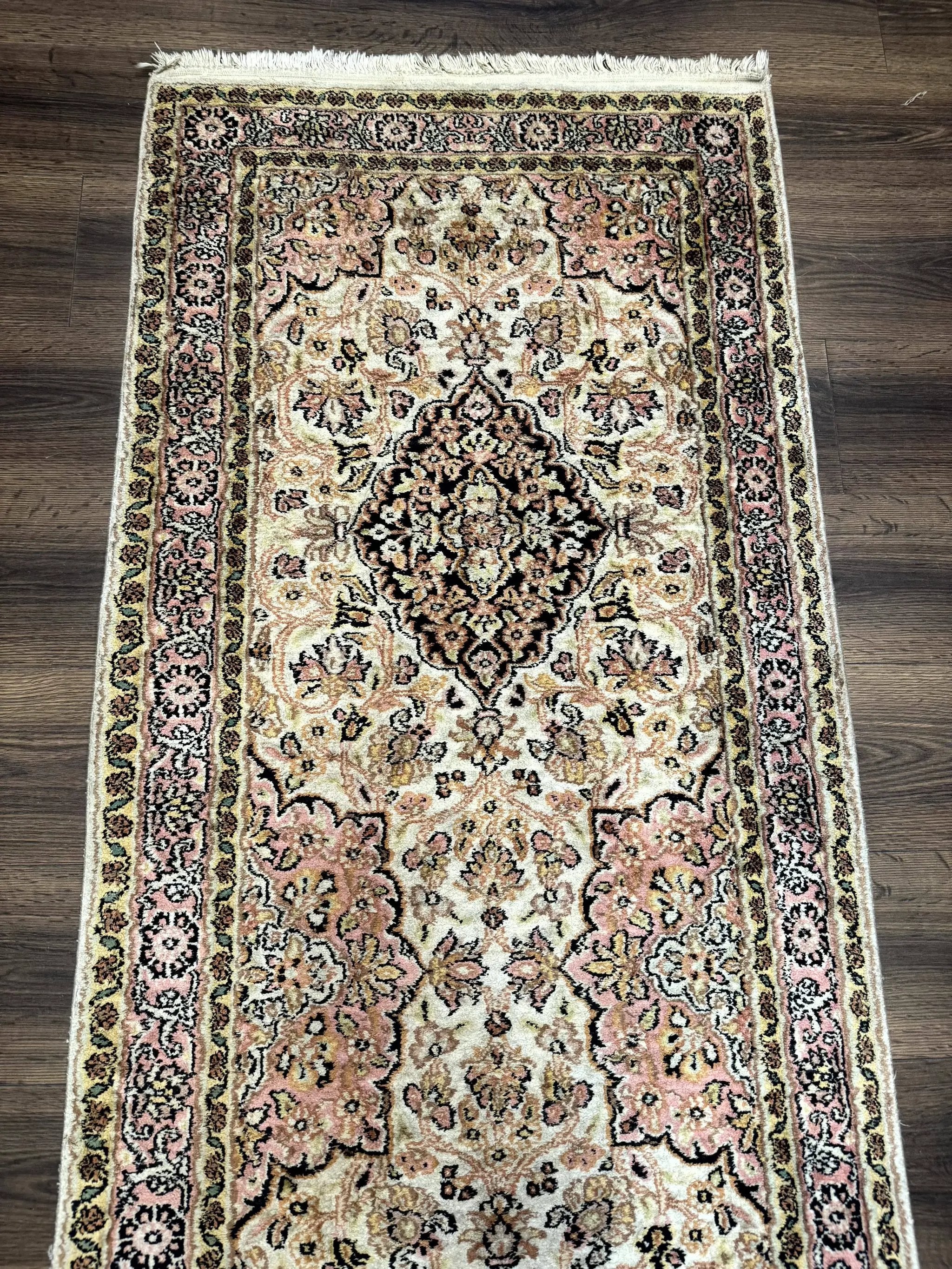 Silk Indian Kashmiri Runner Rug 2.7 x 9.8, Floral Medallions by Jewel Rugs