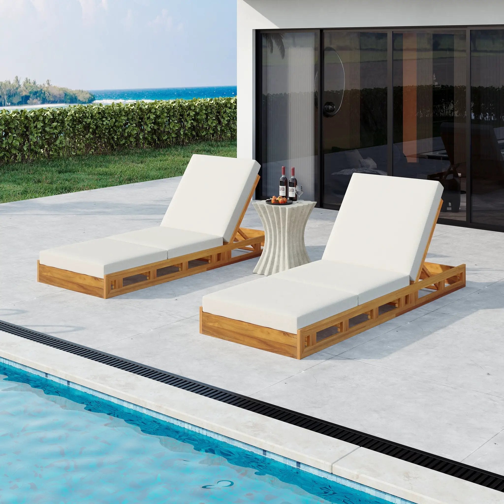 Lounge Chaise Set, Acacia Solid Wood with Lounge Cushion (Cream & Triple Fold) - Matching Dark by HouseOfZazla