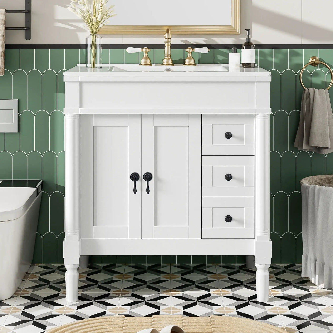 Bathroom Vanity With Ceramic Sink, 2 Doors 3 Drawers, Soft Close Design by Unique Piece Furniture