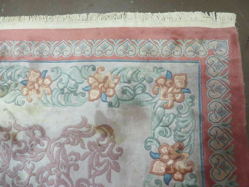 9' X 12' Vintage Handmade Chinese Carving Sculpture Wool Rug Flower Design Pink Carpet by Jewel Rugs