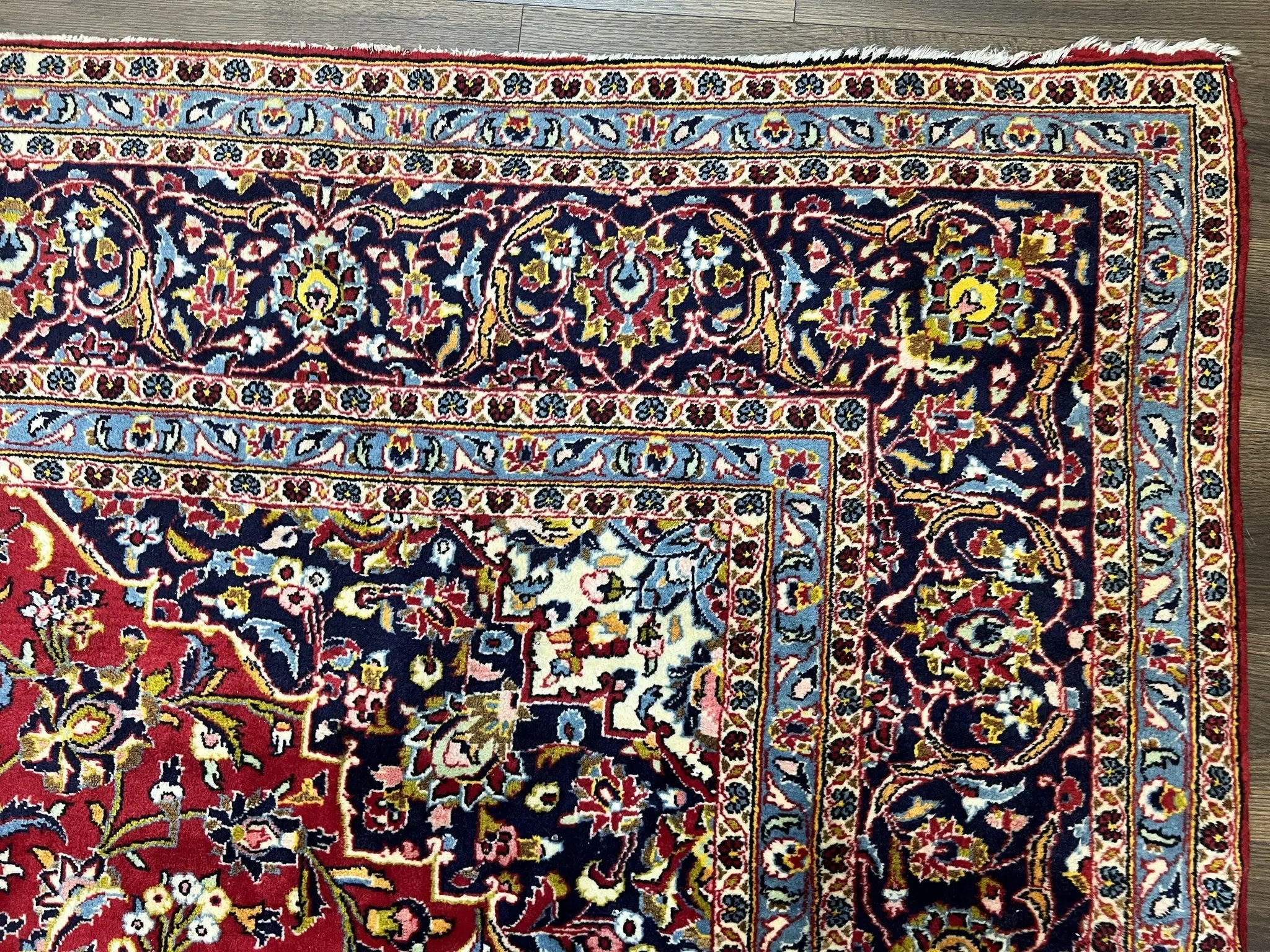 Persian Kashan Rug 9x12, Red Navy Blue, Allover Floral Medallion & Corner Design, Handmade Wool Oriental Carpet, Semi Antique Traditional Carpet by Jewel Rugs