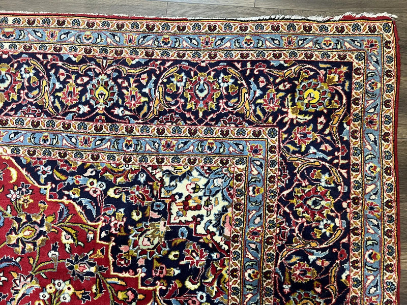 Persian Kashan Rug 9x12, Red Navy Blue, Allover Floral Medallion & Corner Design, Handmade Wool Oriental Carpet, Semi Antique Traditional Carpet by Jewel Rugs