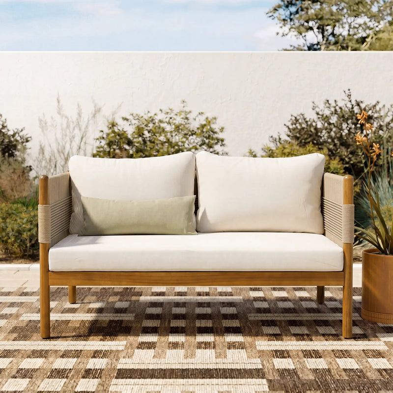 Outdoor Acacia Wood Loveseat with Diamond Rope Weave & Cushions, Teak Finish by HouseOfZazla