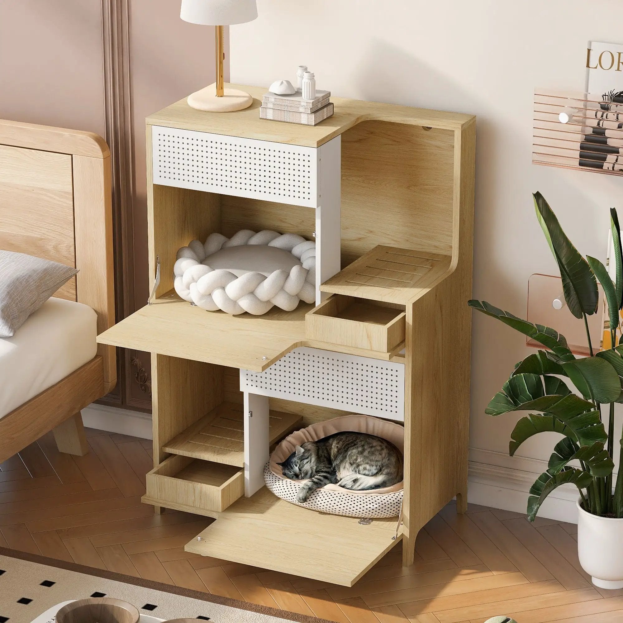 Furniture Style Multi Use Natural Cat Litter Box House With Flip Down Door - Natural by HouseOfZazla