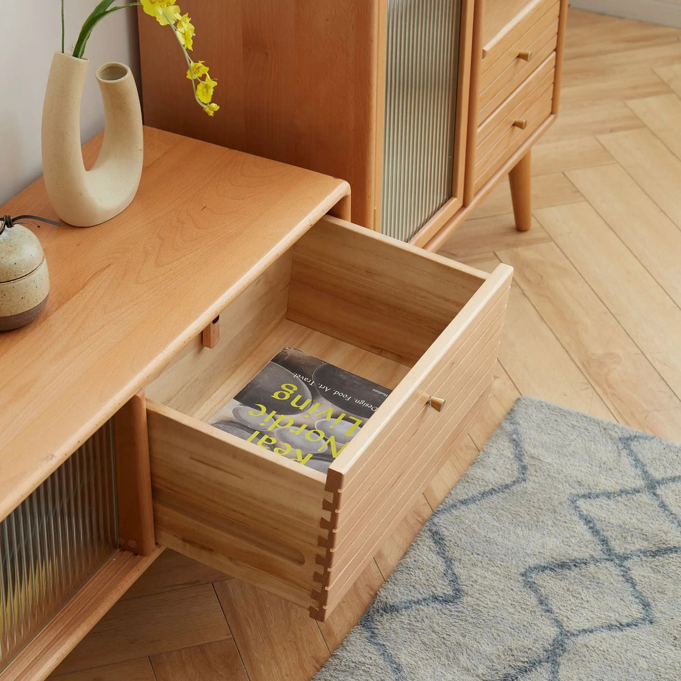 TV Cabinet With Chinese Changhong Glass Doors, Two Drawer Storage Space TV Standing by Unique Piece Furniture