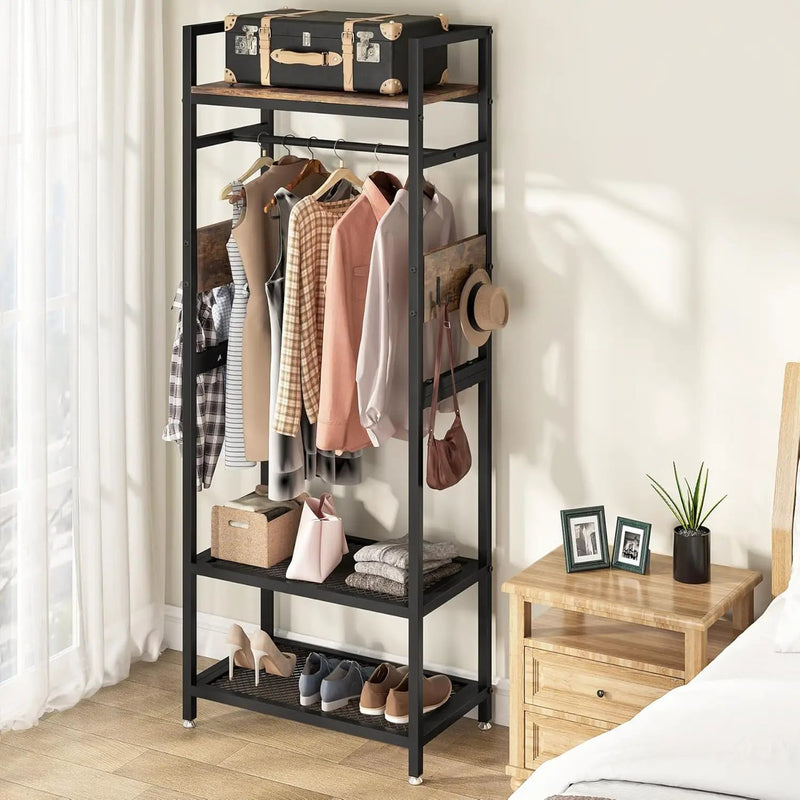 Rack With Hanging Rod, 4 Hooks, Heavy Duty Freestanding Closet Organizer - Brown / Black by HouseOfZazla