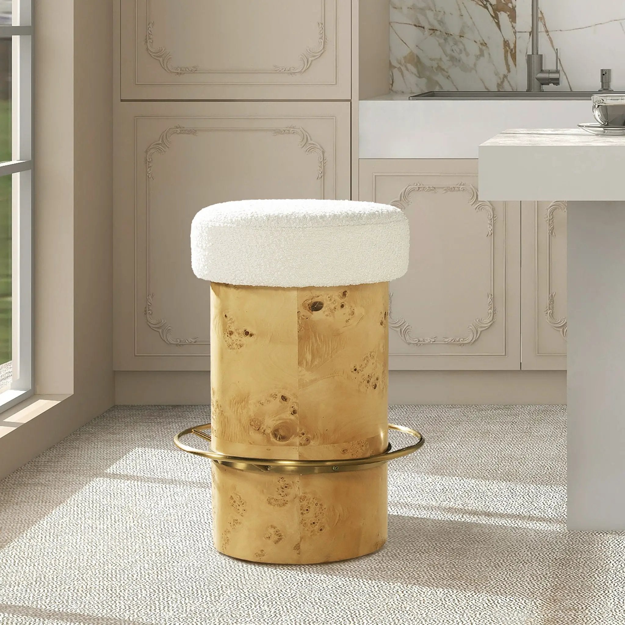Nebula - Backless Round Upholstered Counter Stool With Burl - Ivory White by HouseOfZazla