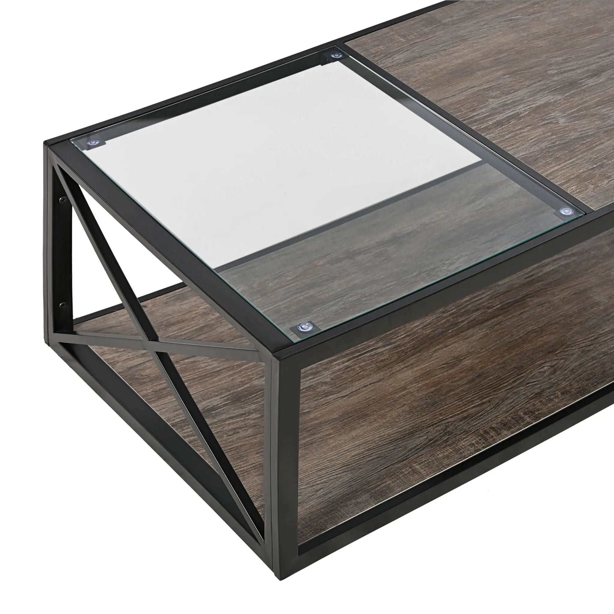 Industrial Style Coffee Table For Bedroom & Living Room With Tempered Glass & Wood Grain - Wood by Unique Piece Furniture