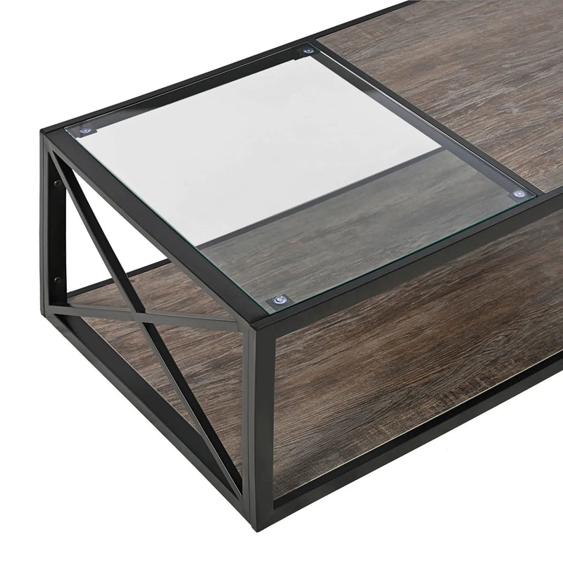 Industrial Style Coffee Table For Bedroom & Living Room With Tempered Glass & Wood Grain - Wood by HouseOfZazla