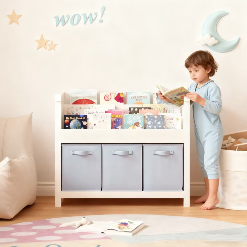 Bookshelf With 3 Tier Front Facing Storage And 3 Bins, Toddler Bookcase For Playroom - White by Unique Piece Furniture