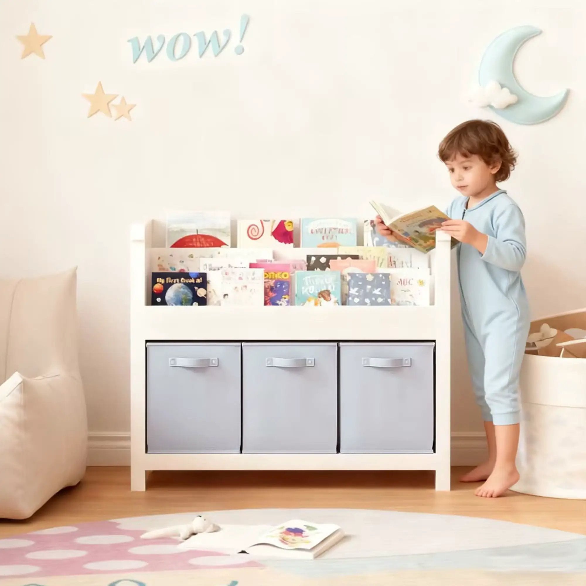 Bookshelf With 3 Tier Front Facing Storage And 3 Bins, Toddler Bookcase For Playroom - White by Unique Piece Furniture