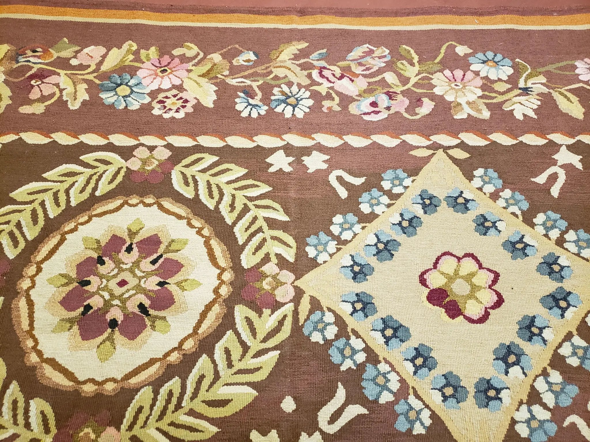 Aubusson Rug 6 x 9 Flat Weave Area Carpet European Design Flowers New Brown Rug Handmade Wool Hand-Knotted Aubusson Weave Medium Rug 6x9 by Jewel Rugs