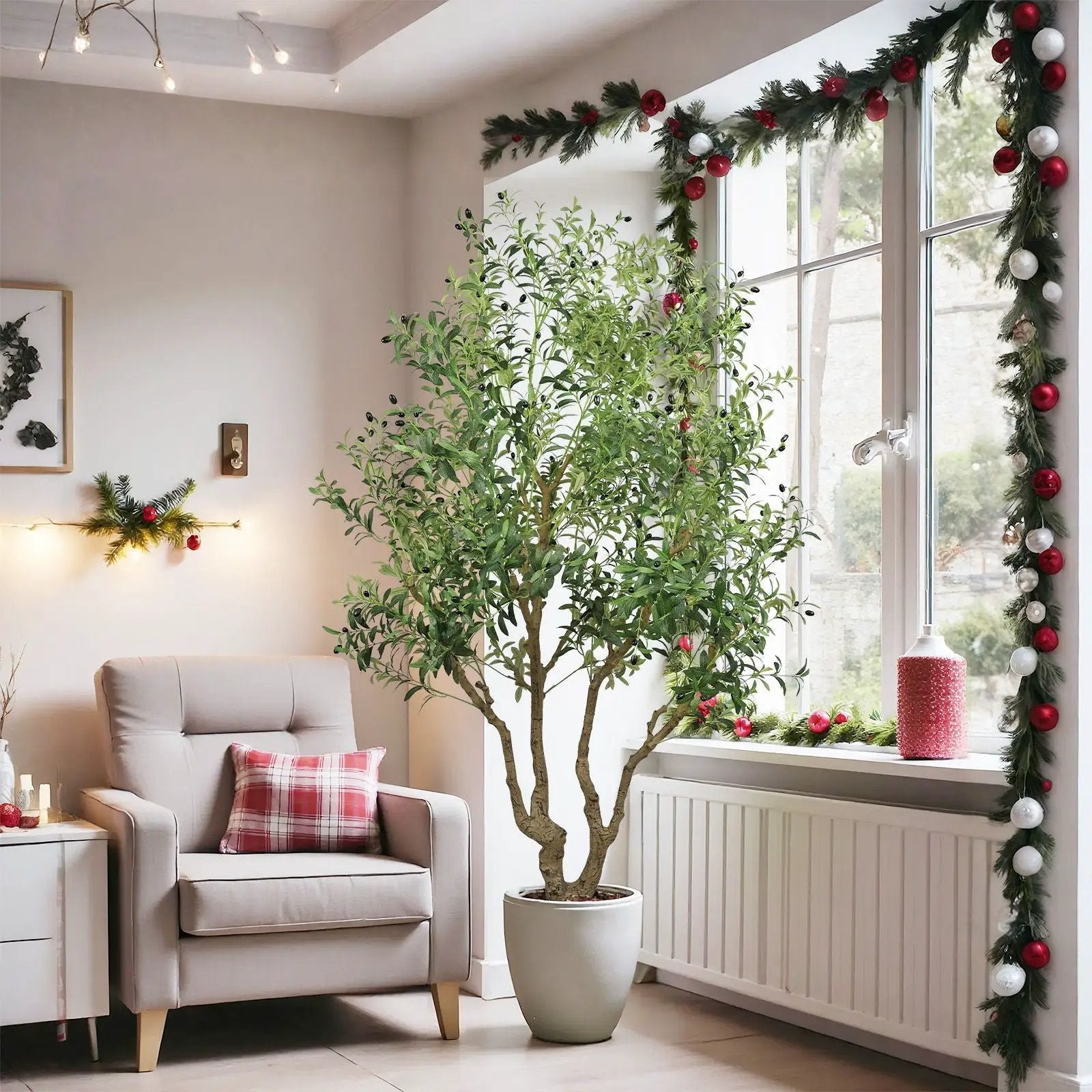 Artificial Olive Tree Large With Trunk, Indoor / Outdoor Decorative Plant For Living Room - Green by HouseOfZazla