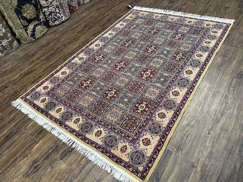 Indo Persian Silk Rug 4x6, Panel Design, Small Flowers, Hand Knotted, Fine Weave, Oriental Carpet 4 x 6, Vintage Area Rug, Beautiful Rug by Jewel Rugs