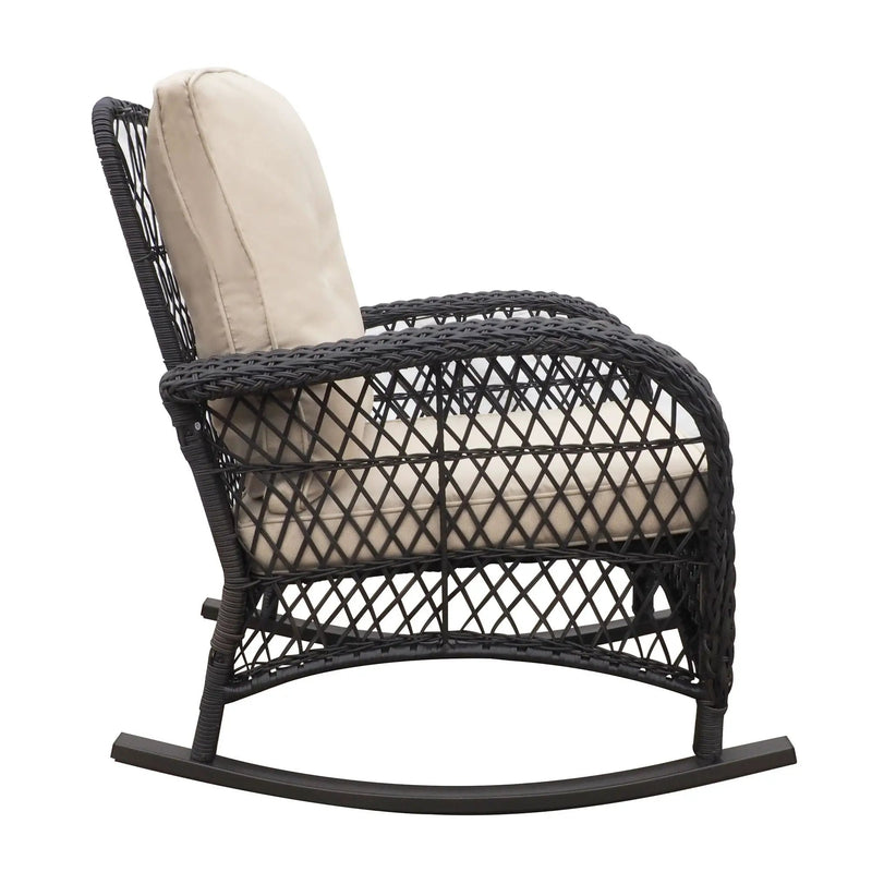 Garden Rocking Chair, Outdoor Rattan Rocker Chair With All-Weather Hand-Woven Resin Wicker, Patio Relaxing Lounge Furniture With Powder-Coated Metal Frame For Backyard, Porch - Brown / Beige by HouseOfZazla