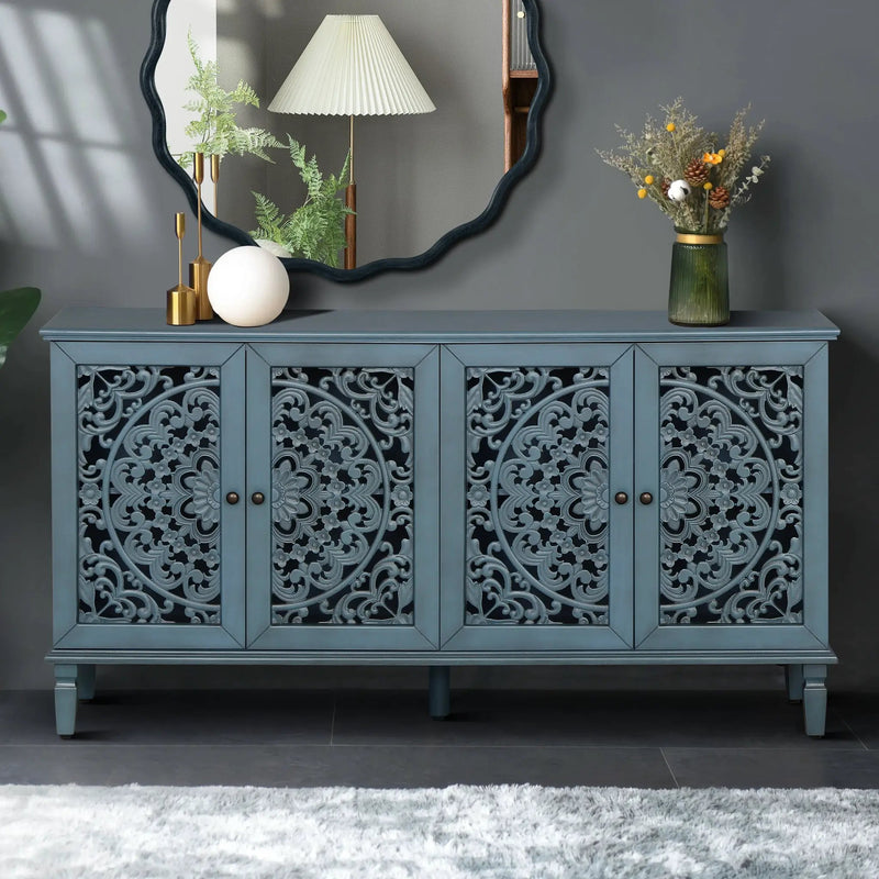 60" Antique Buffet Cabinet with Floral Carvings and Adjustable Shelves by HouseOfZazla