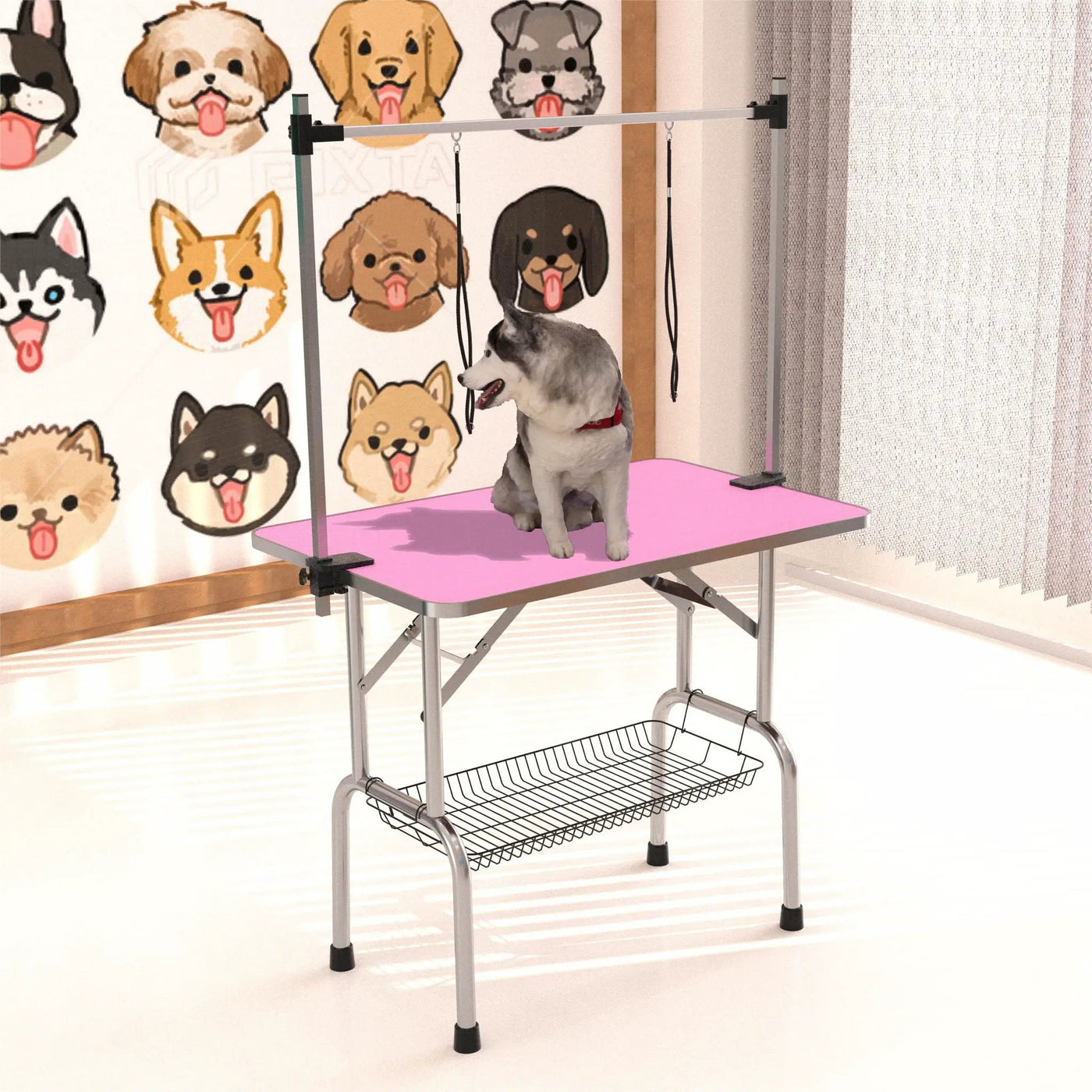 Folding Dog Pet Grooming Table Stainless Steel Frame Rubber Mat On Board With Adjustable Arm And Clamps Pet Dog Cat Grooming Table by HouseOfZazla