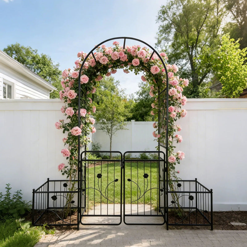Metal Garden Arch With Gate Wide High Climbing Plants Support Rose Arch Outdoor - Black by Unique Piece Furniture