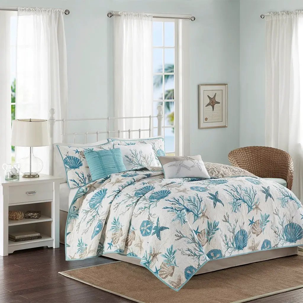 6 Piece Cotton Sateen Quilt Set with Throw Pillows Aqua Full/Queen by HouseOfZazla