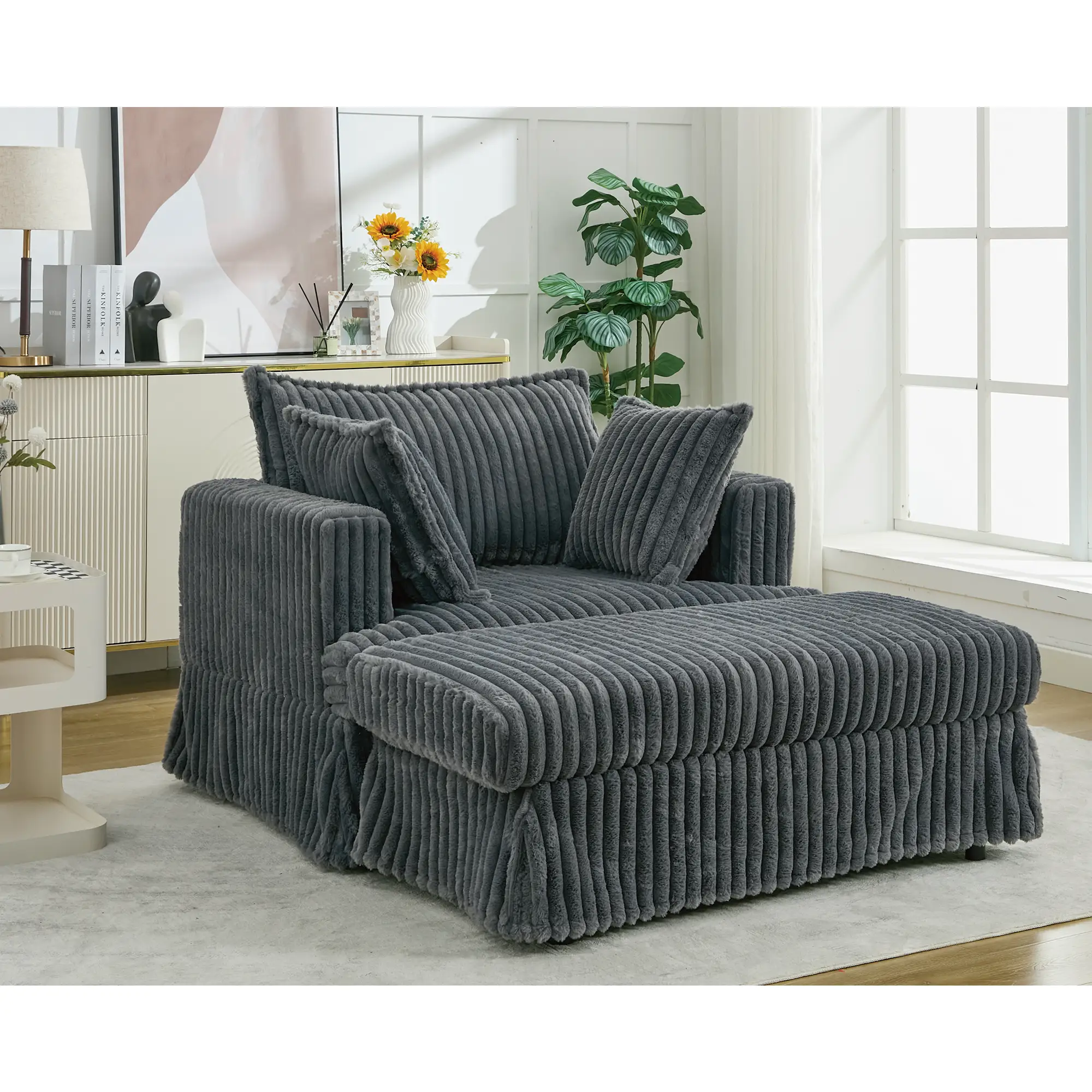 Oversized Corduroy Chaise Lounge with Ottoman in Dark Gray by HouseOfZazla