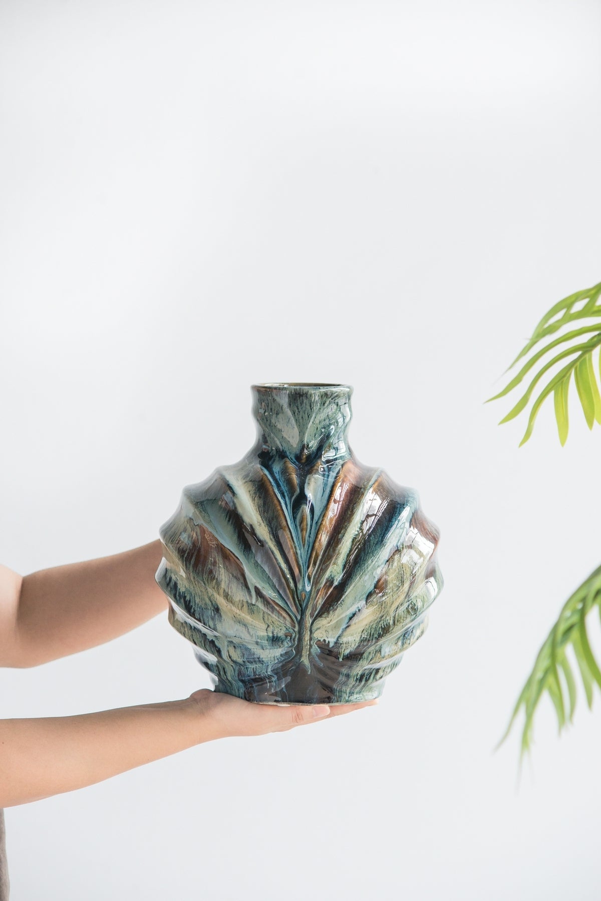 9.4x9.4x11" Blue and Brown Reactive Glazed Accent Vase by HouseOfZazla