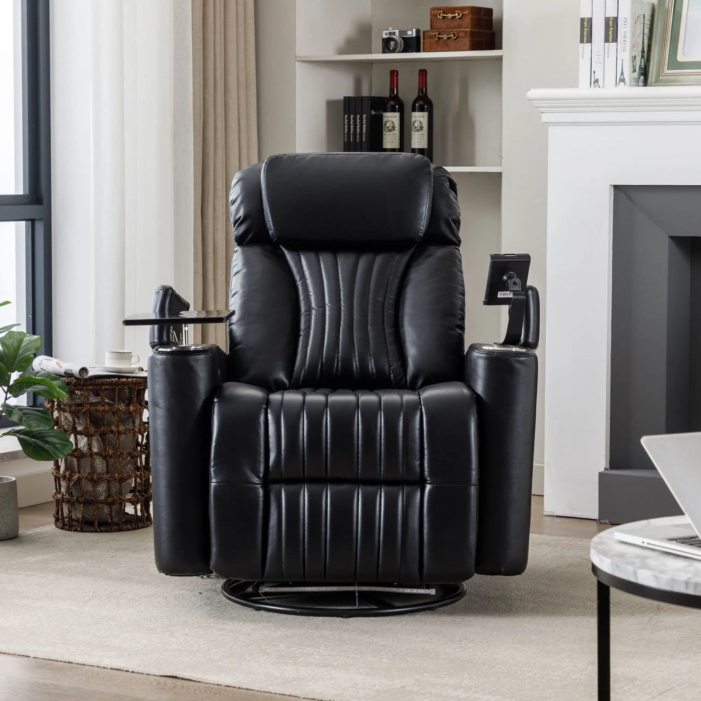 270° Power Swivel Recliner Home Theater Chair With Hidden Arm Storage, LED Light, Cup Holder, And Tray Table by Unique Piece Furniture
