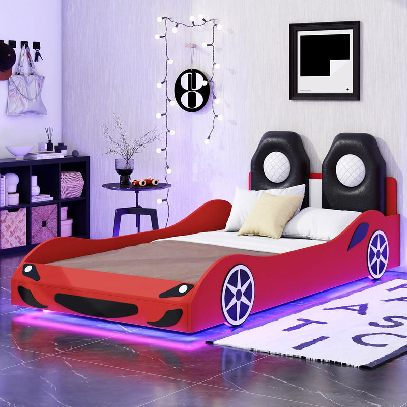 Race Car Shaped Platform Bed With LED And Upholstered Backrest In by Unique Piece Furniture