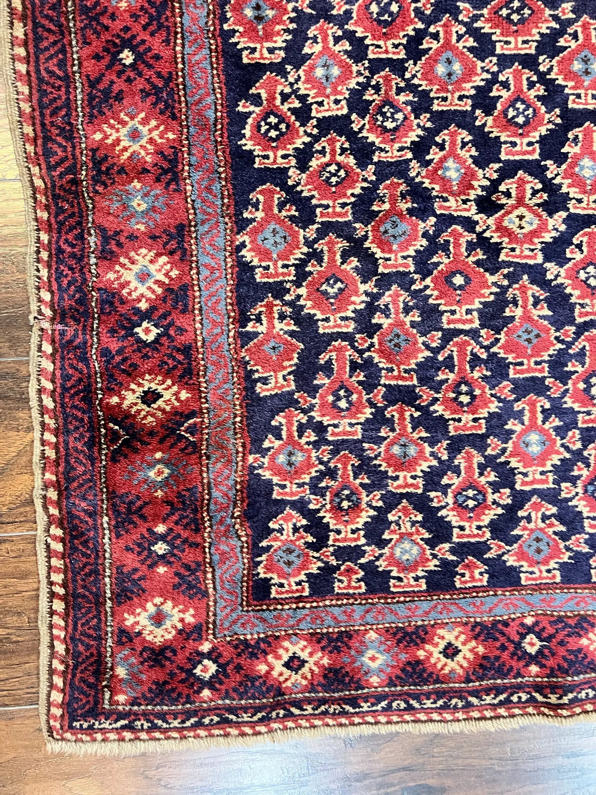 Turkish Sparta Rug 3x4, Allover Pattern, Navy Blue and Red, Antique Ispara Oriental Carpet 3 x 4, Small Turkish Handmade Vintage Wool Rug by Jewel Rugs
