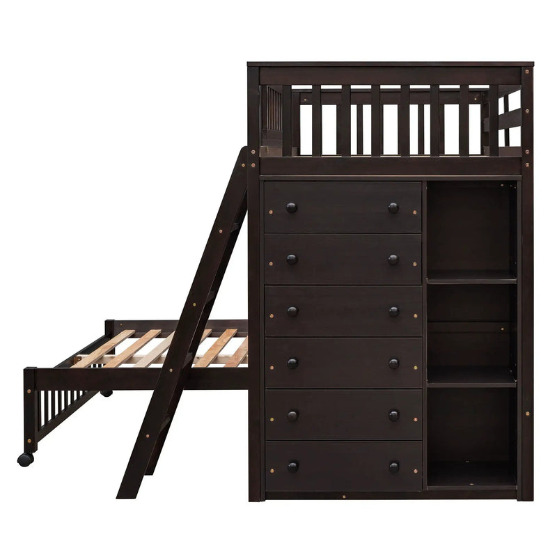 Bunk Bed With 6 Drawers And Flexible Shelves, Bottom Bed With Wheels by HouseOfZazla