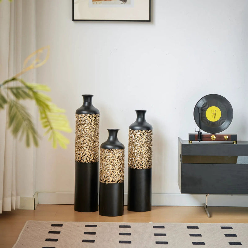 Floor Metal Vases Decorated Metal Vases (Set of 3) Gorgeous Home Decoration Large Glazed Metal Vases - Black / Gold by HouseOfZazla