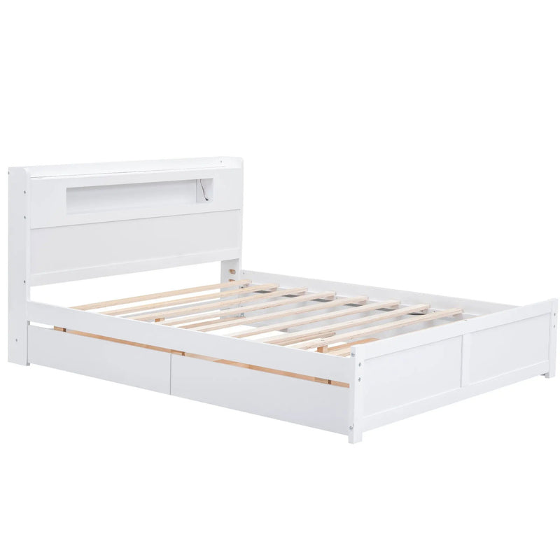 Storage Platform Bed With LED Lights, 2 Drawers And Trundle