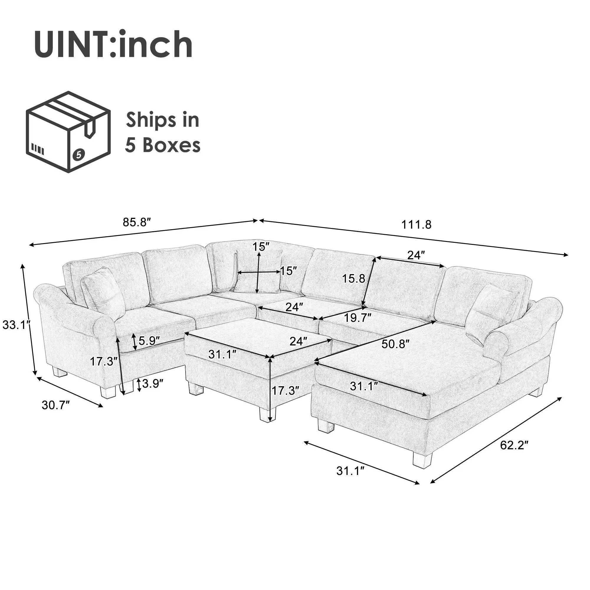Contemporary U - Shaped Sectional Sofa With Movable Storage Ottoman by Unique Piece Furniture