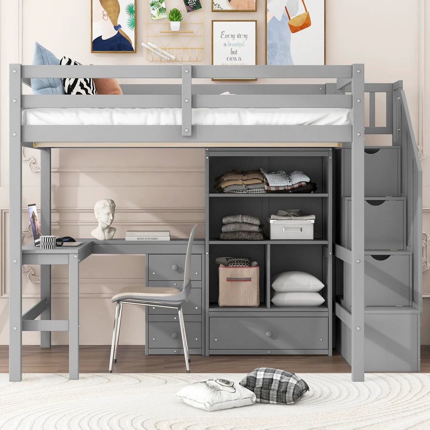 Loft Bed & L Shaped Desk, Drawers, Cabinet, And Storage Staircase by HouseOfZazla