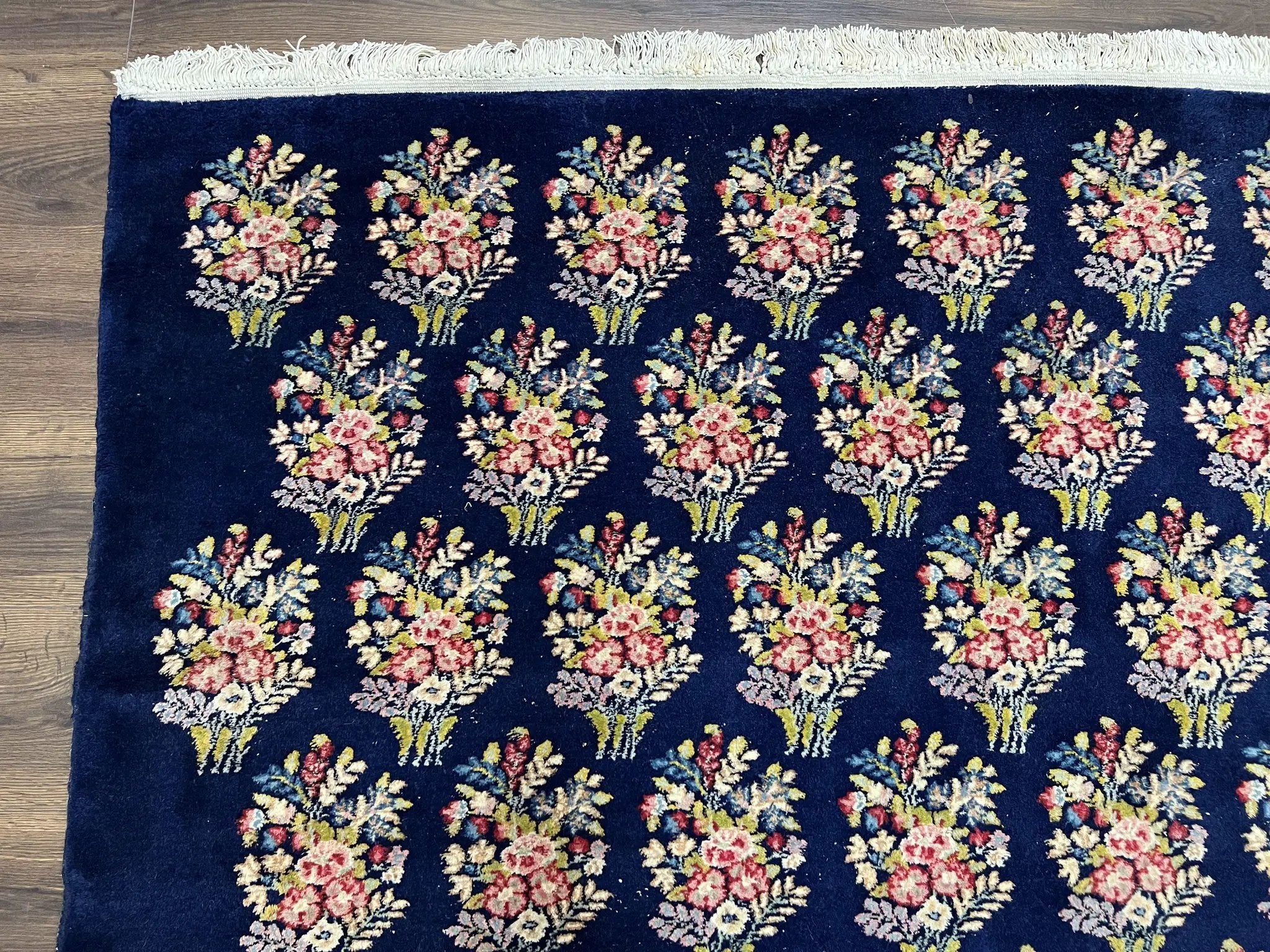 Persian Rug 9x12, Authentic Hand Knotted Carpet, Repeated Floral Motif Garden of Eden, Navy Blue Wool Rug 9 x 12, Semi Antique Kirman Rug by Jewel Rugs
