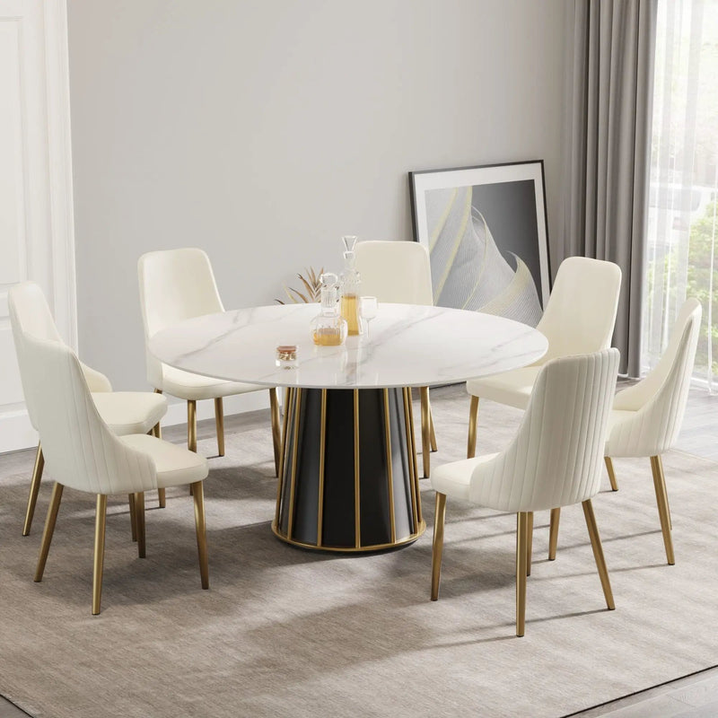 59.05" Modern Artificial Stone Round Panel Metal Iron Base Dining Table, Can Accommodate 8 People, (Not Including Chairs) - White / Black by HouseOfZazla