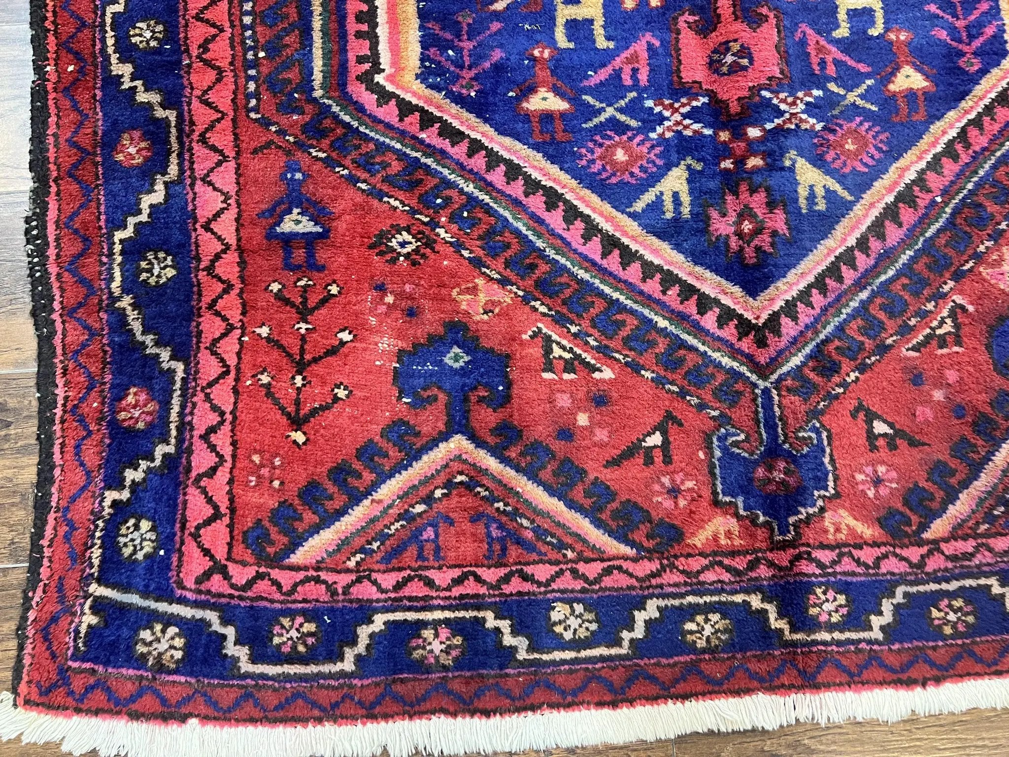 Persian Tribal Rug 5x7, Wool Handmade Vintage Hamadan Nahavand Carpet, Red & Navy Blue, Animal Motifs, Geometric Oriental Rug 5 x 7 by Jewel Rugs