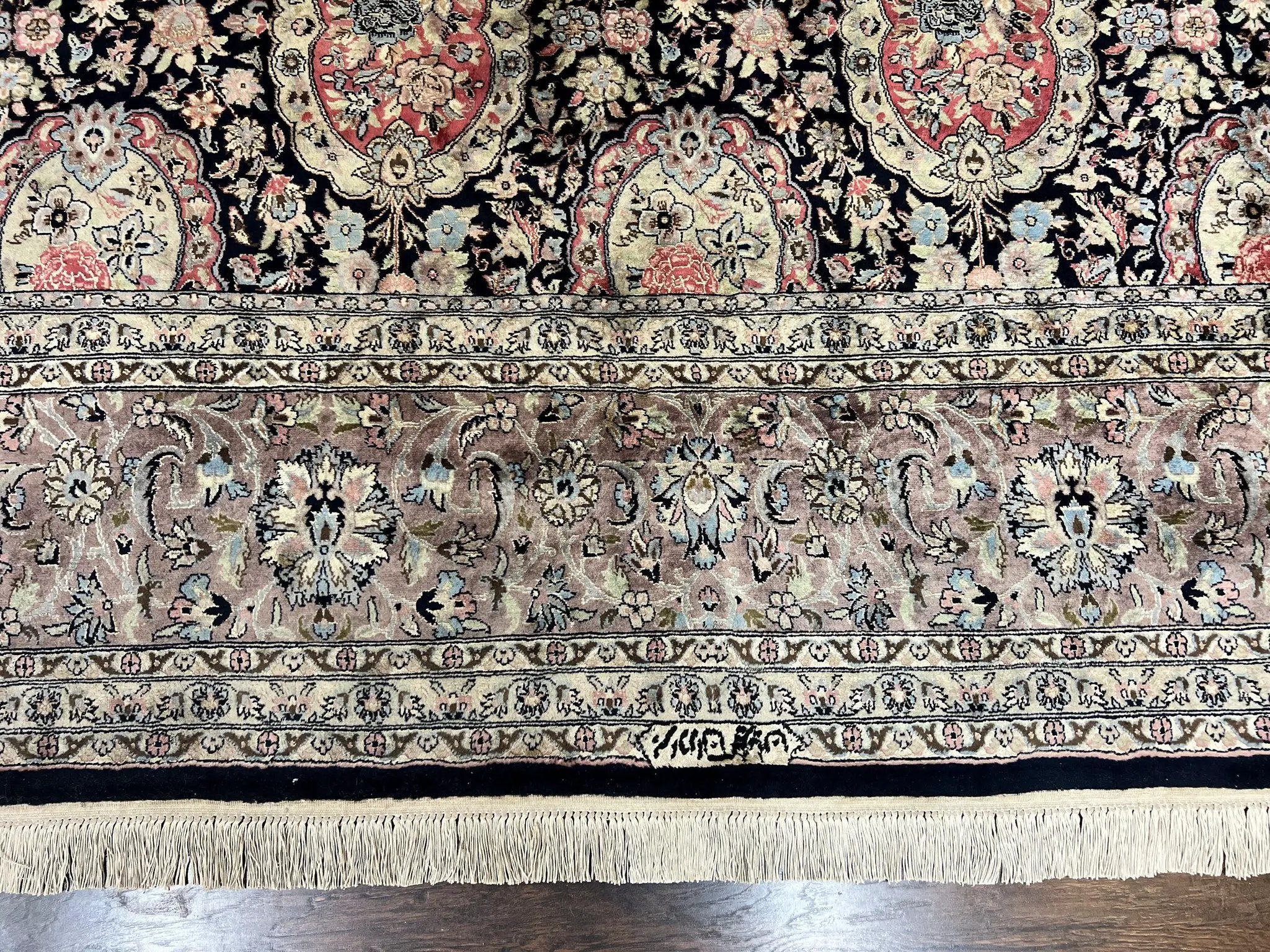 Sino Persian Rug 9x12, Navy Blue and Pink Hand Knotted Wool and Silk Highlights Vintage Oriental Carpet, Handmade Floral Area Rug 9 x 12 ft by Jewel Rugs