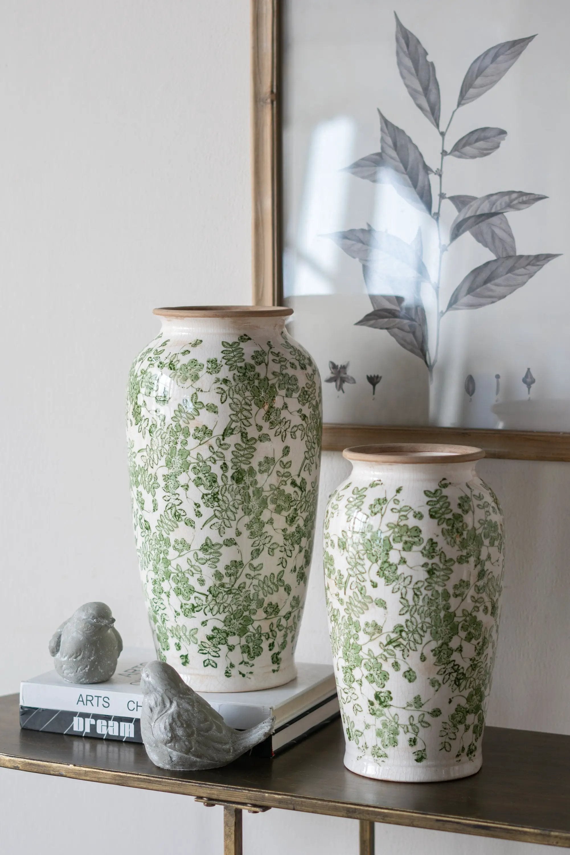 6.5x6.5x11.6 White Ceramic Flower Vase with Green Floral Pattern by HouseOfZazla