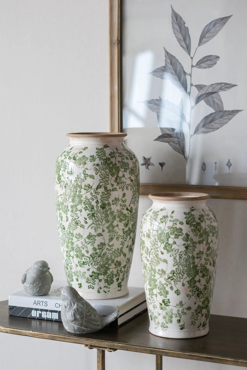 6.5x6.5x11.6 White Ceramic Flower Vase with Green Floral Pattern by HouseOfZazla