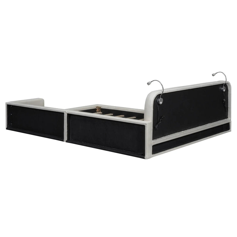 Queen Size Upholstered Platform Bed With 2 Reading Lights - White by HouseOfZazla