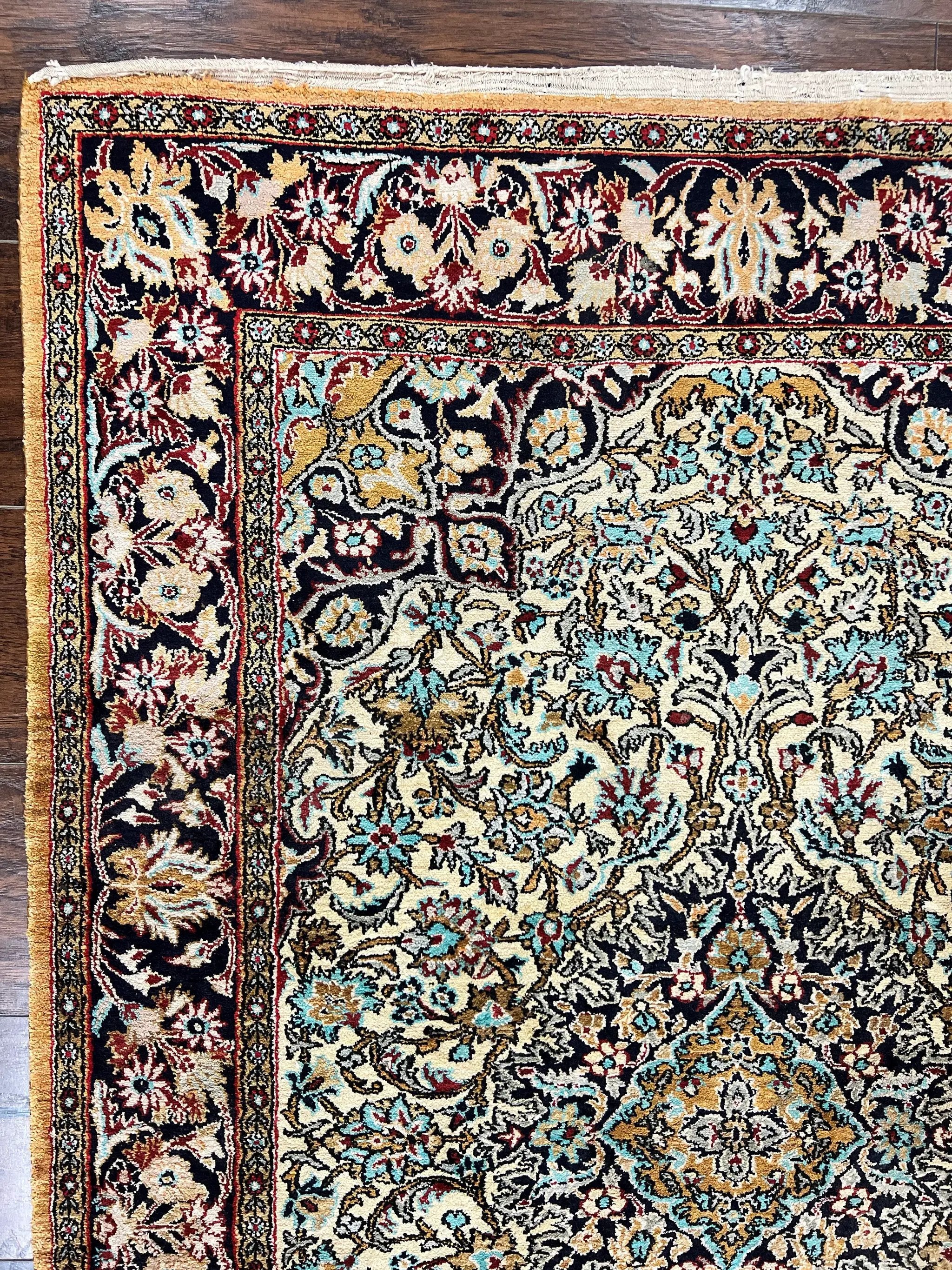 Silk Persian Qum Rug 4x5, Hand Knotted Vintage Carpet, Cream & Navy Blue, Silk Pile on Silk Foundation, Very Fine 360 KPSI by Jewel Rugs