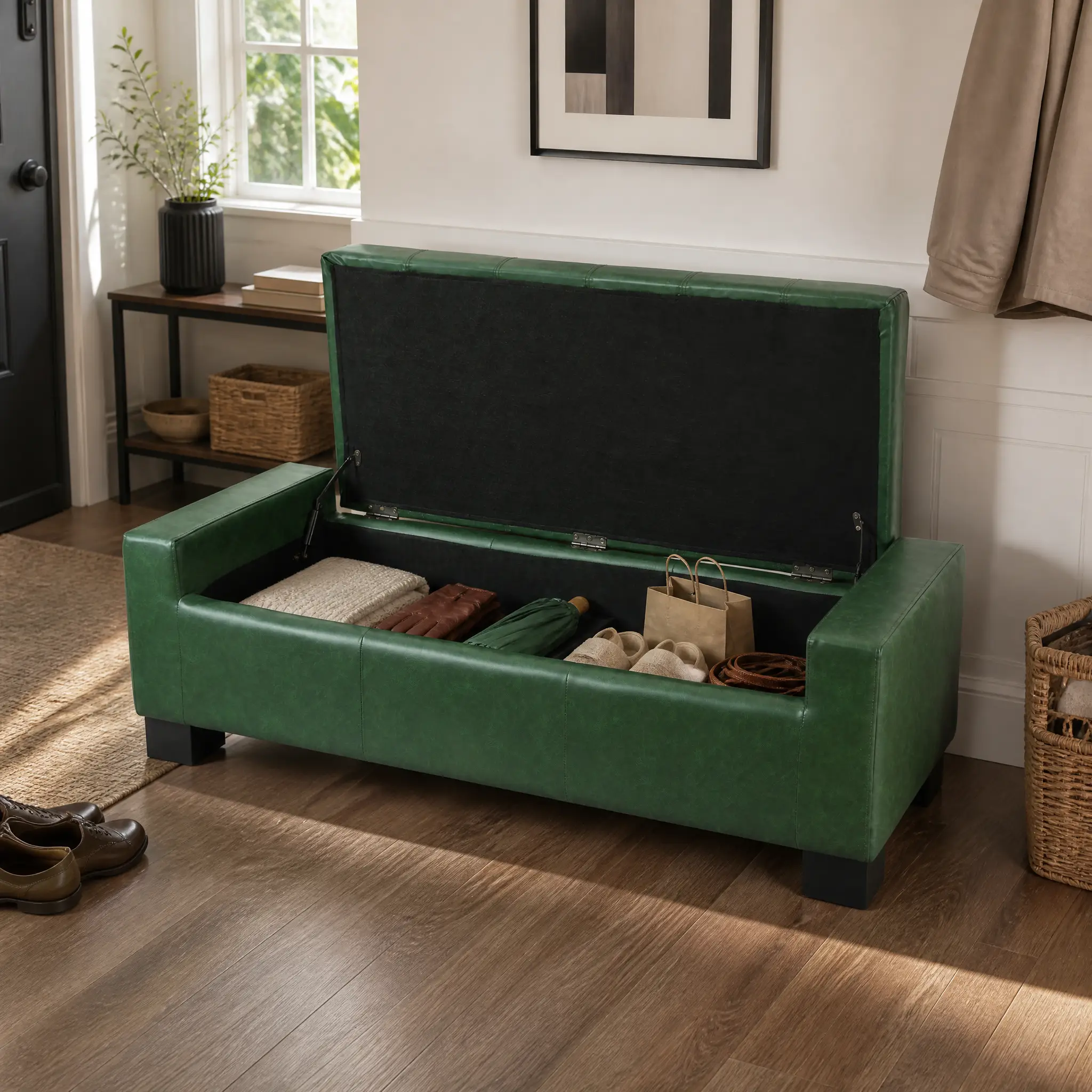 Green Storage Ottoman Bench, PU Upholstered Footrest with Solid Wood Legs by HouseOfZazla