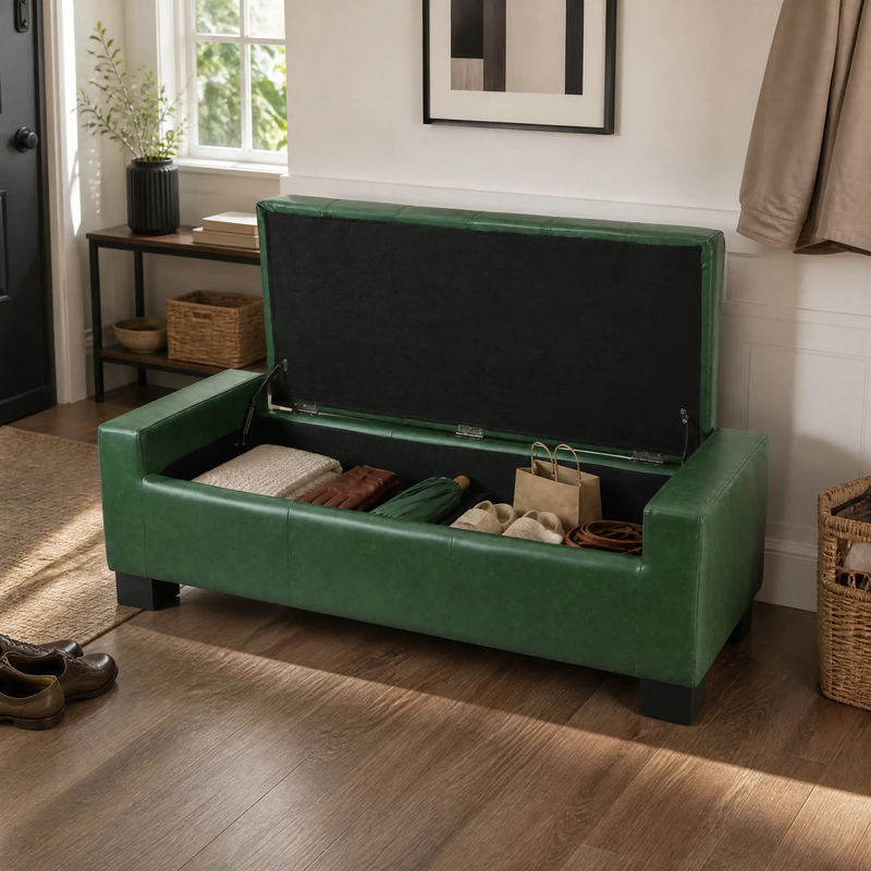 Green Storage Ottoman Bench, PU Upholstered Footrest with Solid Wood Legs by HouseOfZazla