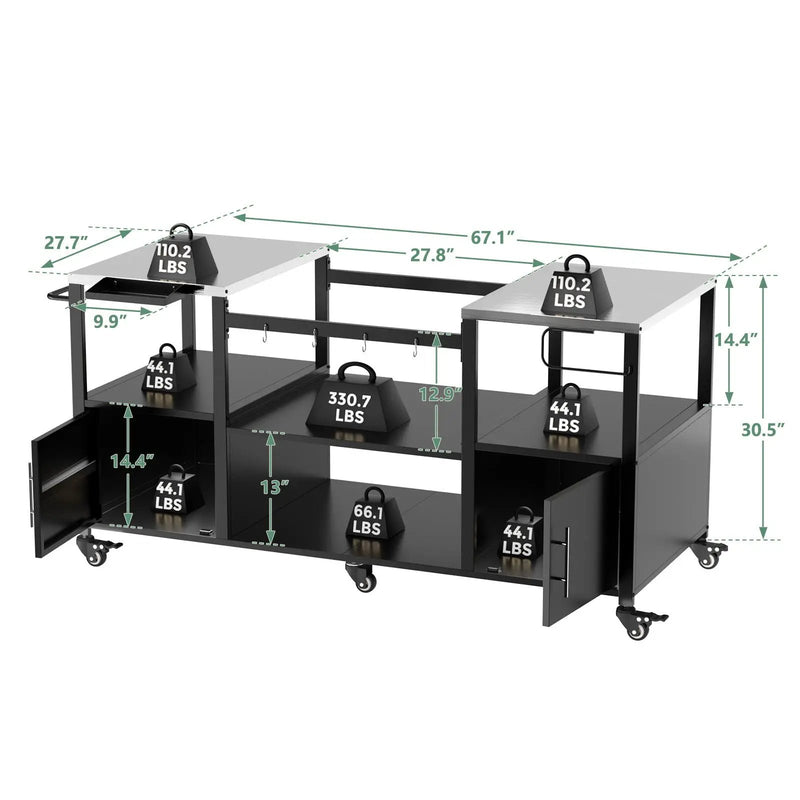 Outdoor Grill Table For Big Egg Style Bbq With Metal Grill Cart And Storage Box And Metal And Stainless Steel - Black / Silver by HouseOfZazla