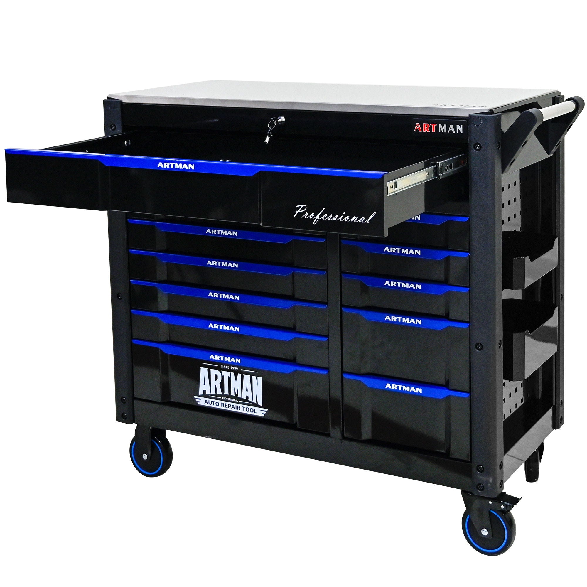 12 Layer Drawer Multi Purpose Tool Cart With Wheels And Iron Top - Black / Blue by HouseOfZazla