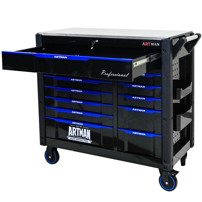 12 Layer Drawer Multi Purpose Tool Cart With Wheels And Iron Top - Black / Blue by HouseOfZazla