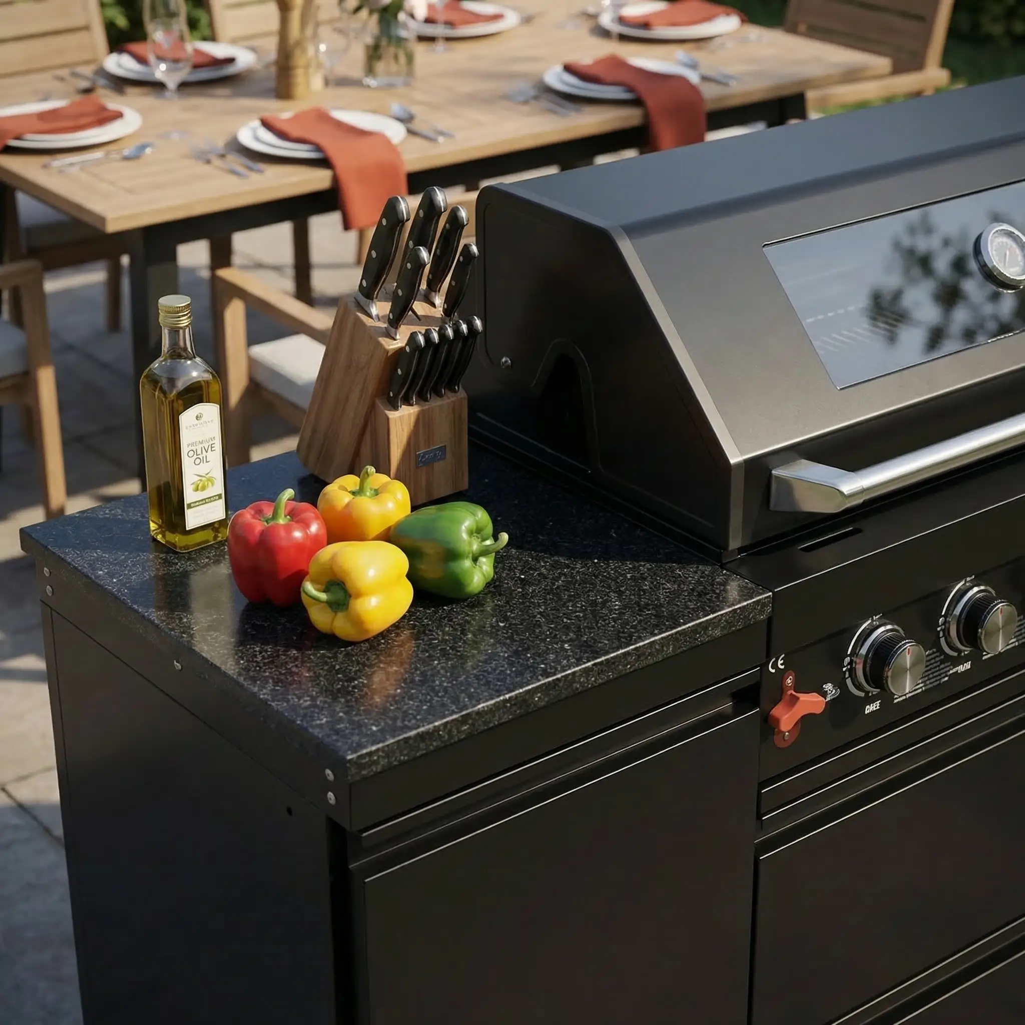Black 6-Burner 85000 BTU Deluxe Stainless Steel Propane Gas Outdoor Kitchen Barbecue Island Grill with Marble by HouseOfZazla